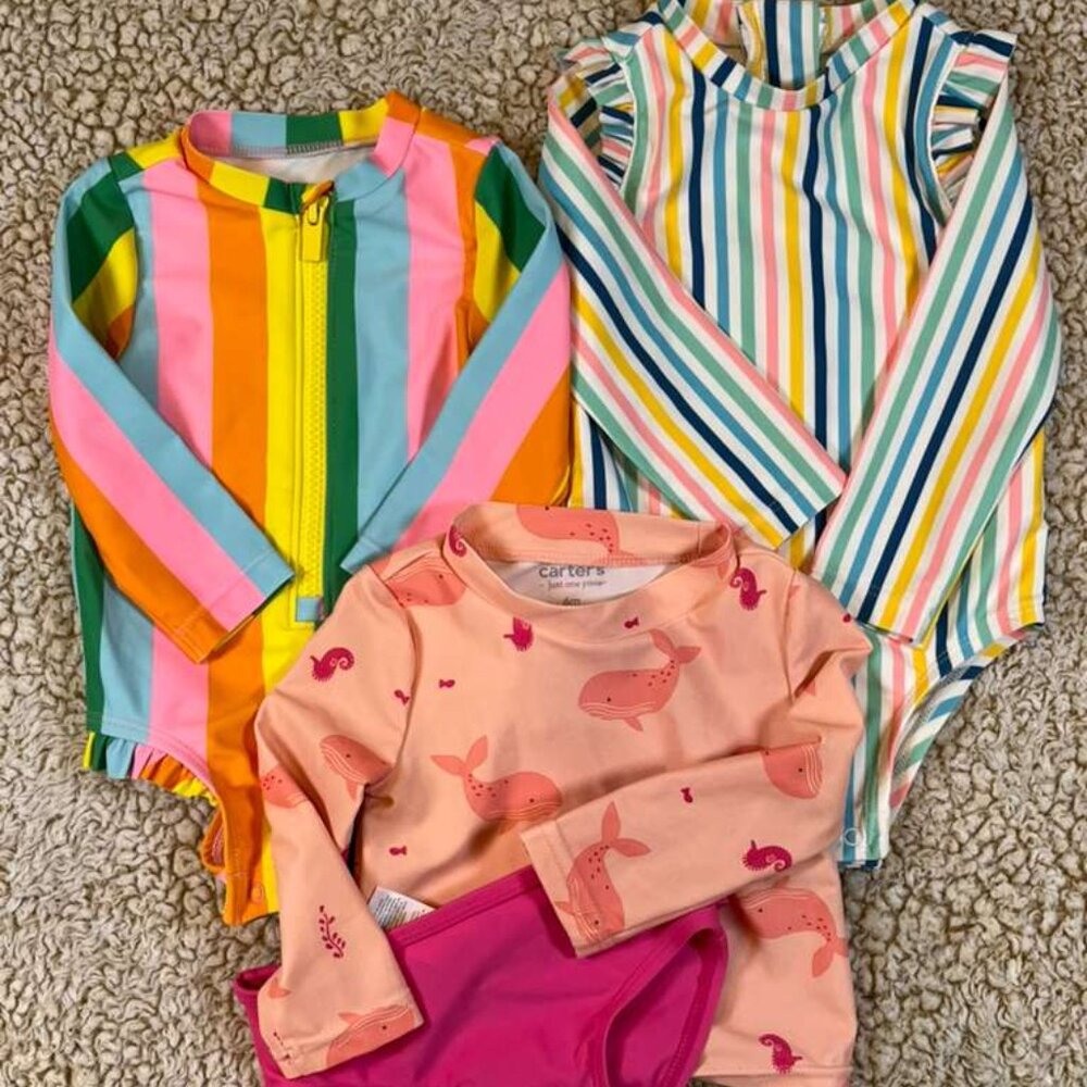 Carter’s Baby Girl Swimwear Bundle | Rash Guards & One-Piece | 3–6M, 6M, 6–12M